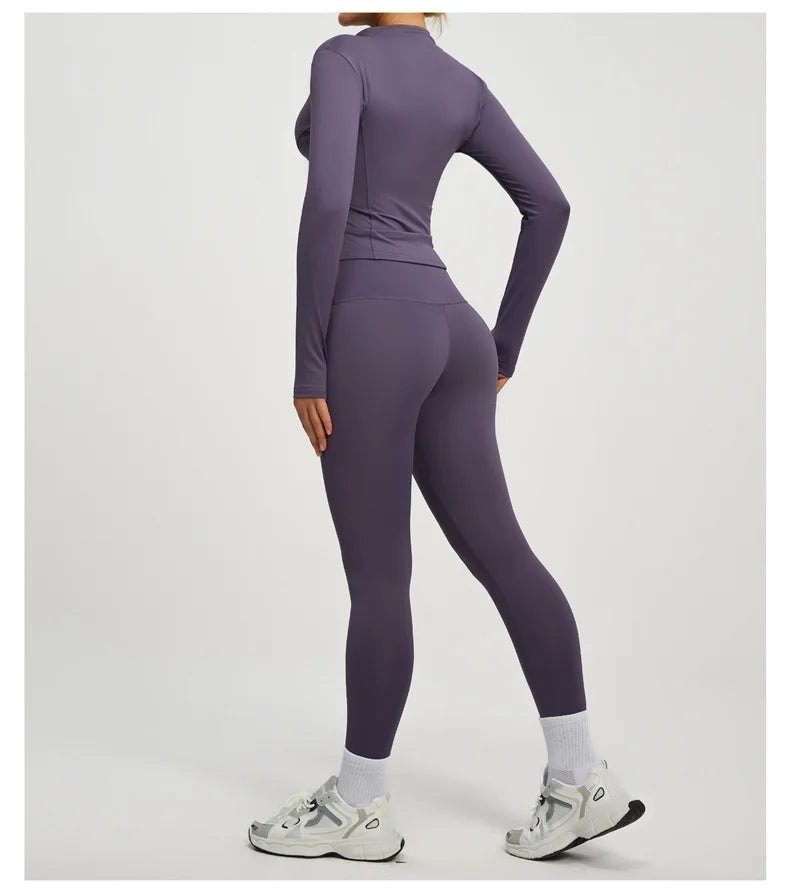 Yoga Coat Sports Top Long Sleeve Jacket Fitness Breathable Women's Tracksuit High Waist Leggings Two Piece Set Gym Clothes