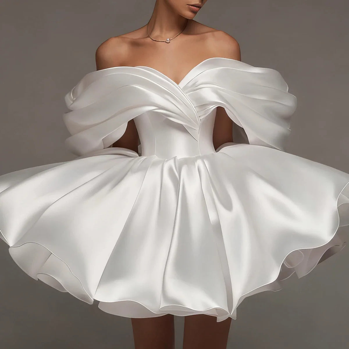 Elegant Puffy Short Wedding Dresses A Line Satin Off Shoulder Bridal Party Gown Mini Backless Ball Gown For Women Vestidos Novia