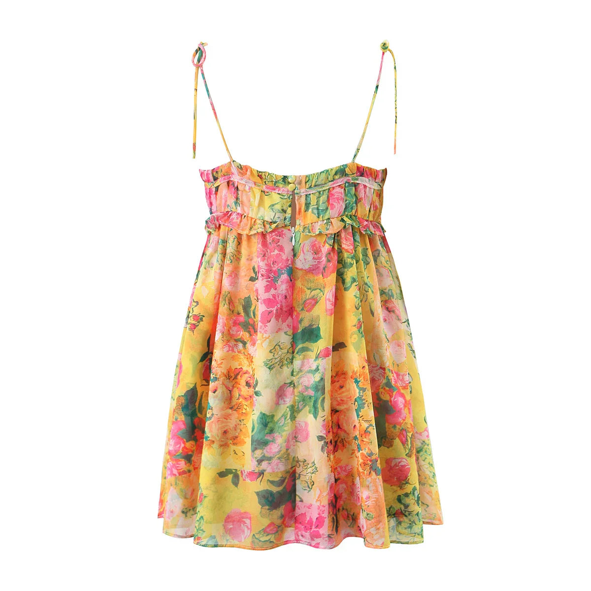 Flower Print Spaghetti Strap Mini Dress Women Backless Skater Lacing up Sling Robe Holiday