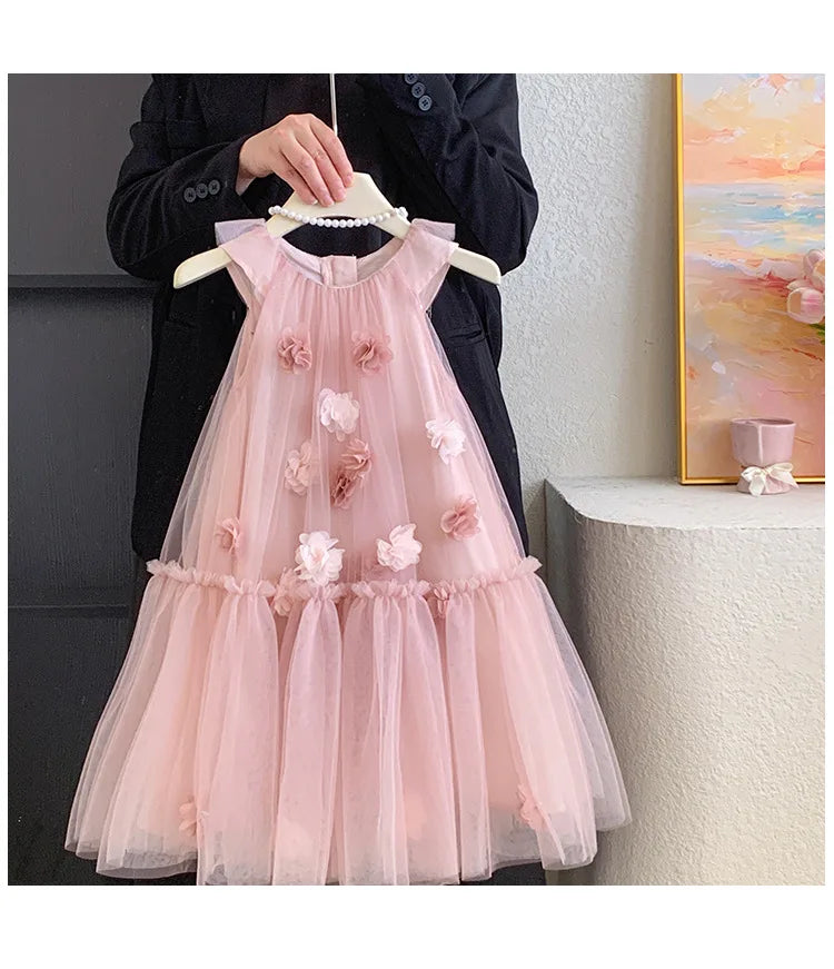 Girls' Sleeveless Floral Mesh Dress - Princess Party Gown for Toddlers 2-8 Years, Breathable Wedding & Special Occasion Dress