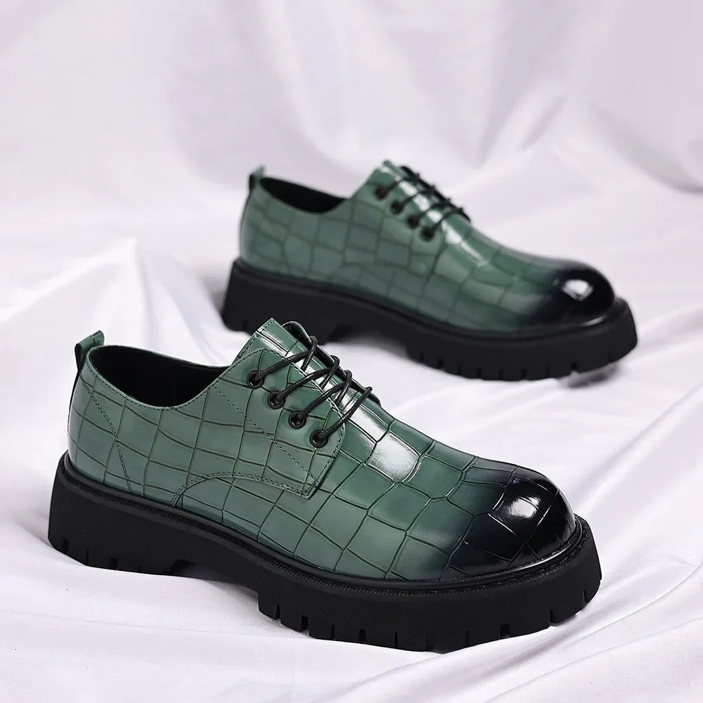 Business Formal Big Head Leather Shoes Men Spring Autumn Fashion Platform Shoes Male Lace Designer Stone Pattern Dress Shoes Man