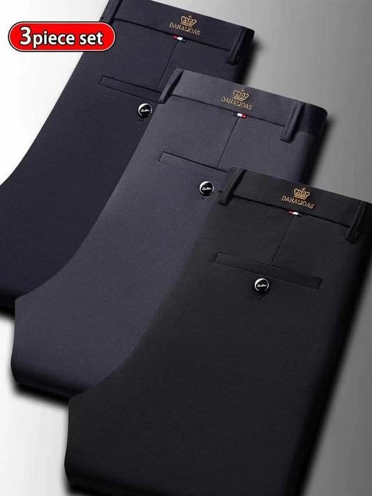 3-Pack Men's High Stretch Anti-Wrinkle Business Pants | Spring Autumn Straight Fit Non-Iron Casual Trousers | Luxury Crown Embro