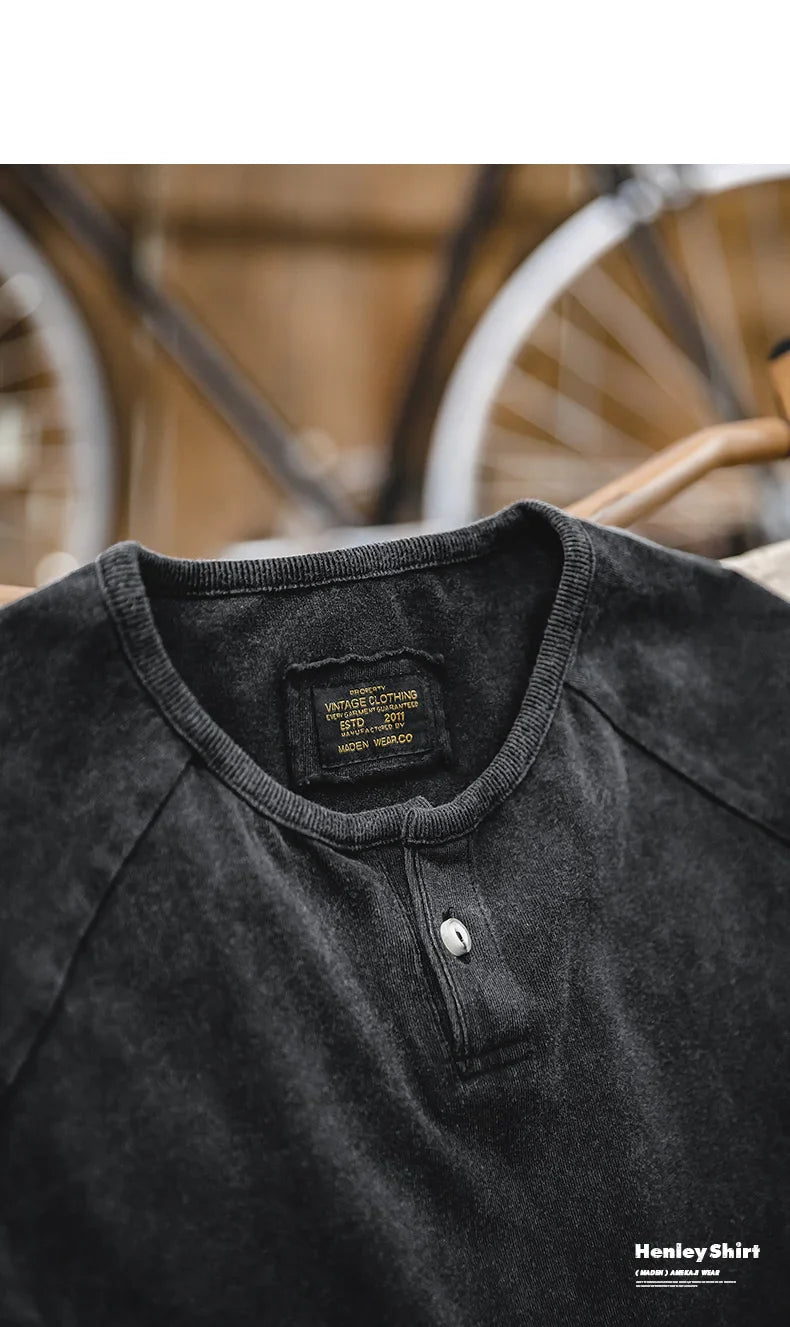 Japanese Vintage Heavyweight Henley T-Shirt Men Distressed Loose Short Sleeve Tops Casual Button Cotton Washed Tee Shirts