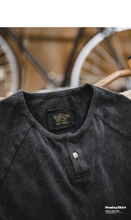 Japanese Vintage Heavyweight Henley T-Shirt Men Distressed Loose Short Sleeve Tops Casual Button Cotton Washed Tee Shirts