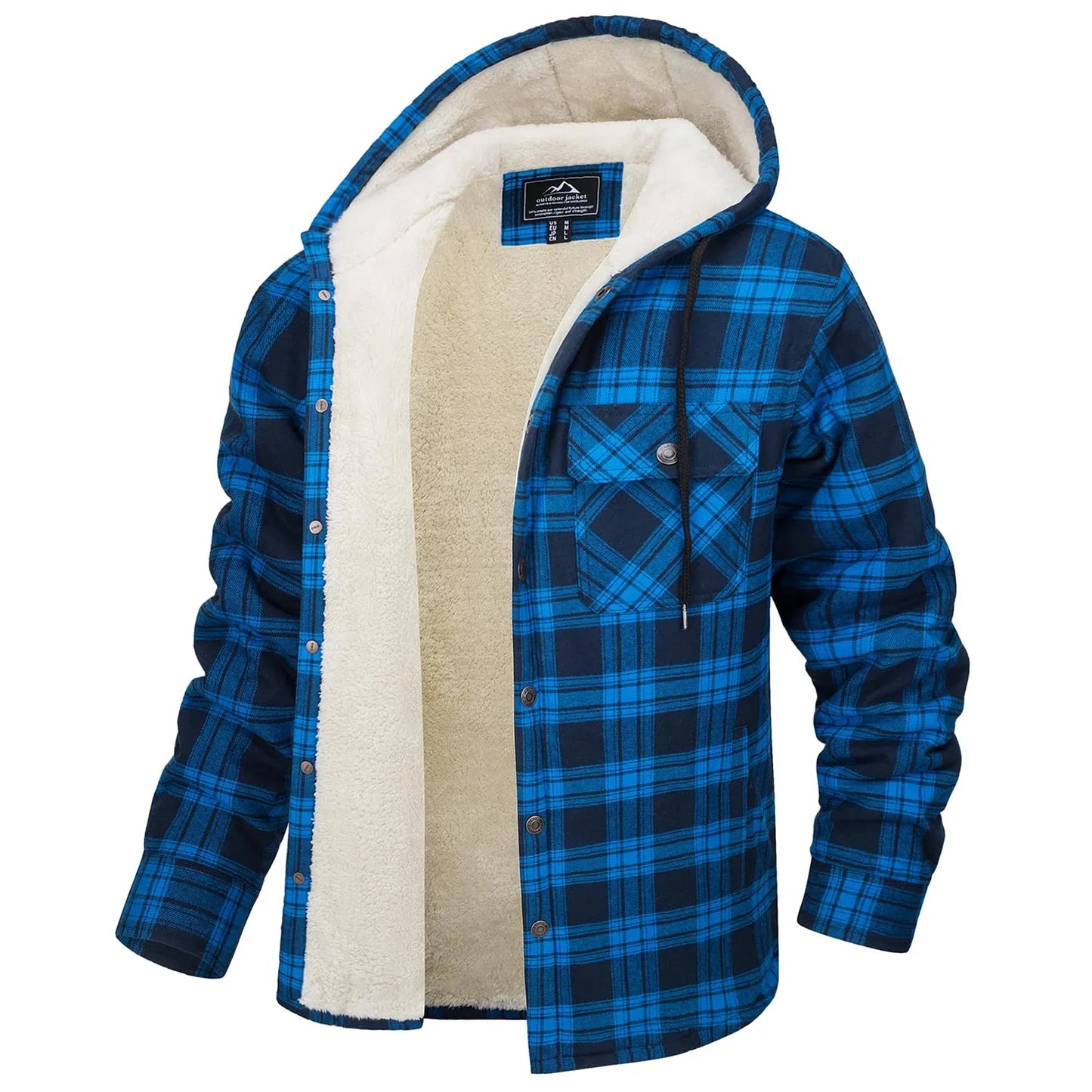 Sherpa Lined Flannel Jacket Mens Heavyweight Hooded Fleece Jacket Thicken Warm Button Down Plaid Jacket Outwear Coats
