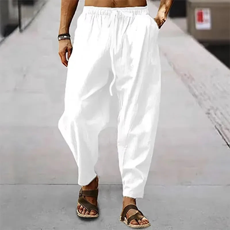 Men spring Summer Cotton Linen Waist Wide-Leg Trousers Men Solid Elastic Waist Streetwear Joggers New Baggy Casual long Trousers