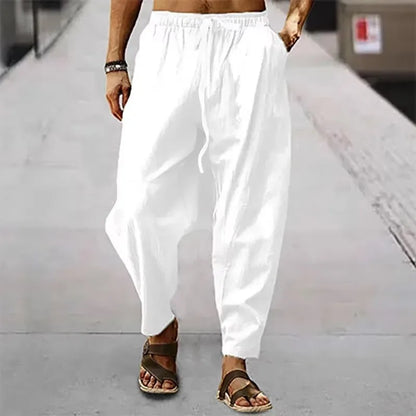 Men spring Summer Cotton Linen Waist Wide-Leg Trousers Men Solid Elastic Waist Streetwear Joggers New Baggy Casual long Trousers