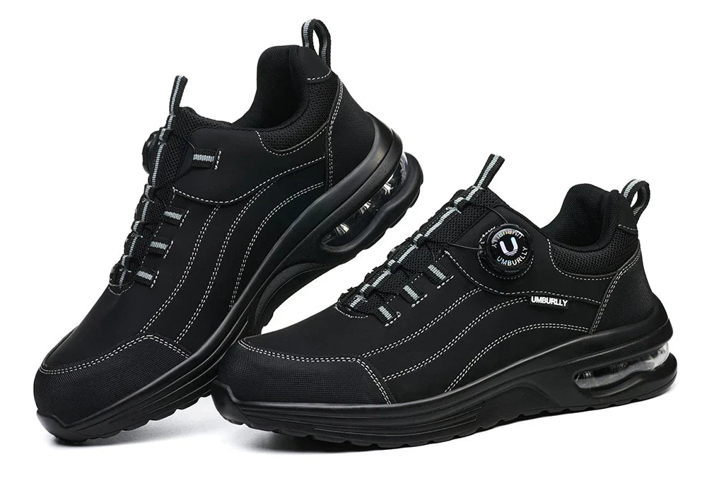 Men's Steel Toe Safety Work Boots Puncture Resistant Kevlar Midsole Air Cushioned Black Button Style Industrial Construction