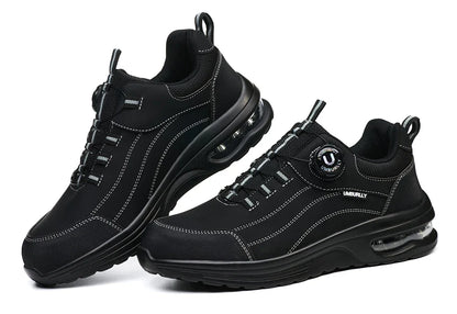Men's Steel Toe Safety Work Boots Puncture Resistant Kevlar Midsole Air Cushioned Black Button Style Industrial Construction