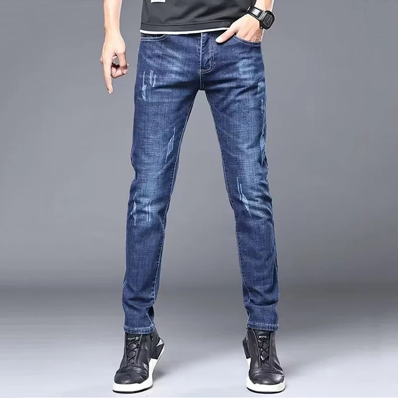 Calça Jeans Masculina Casual Elegante Clássica para Negócios Quatro Estações Preta Azul Calças de Cintura Média Leggings de Tecido Jeans Masculino