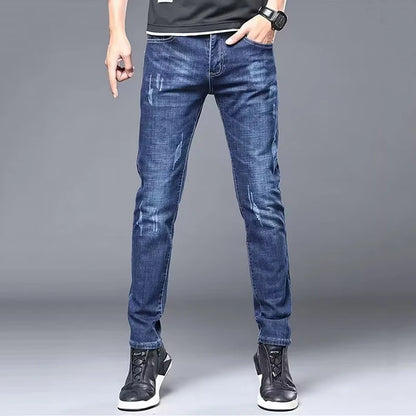 Calça Jeans Masculina Casual Elegante Clássica para Negócios Quatro Estações Preta Azul Calças de Cintura Média Leggings de Tecido Jeans Masculino