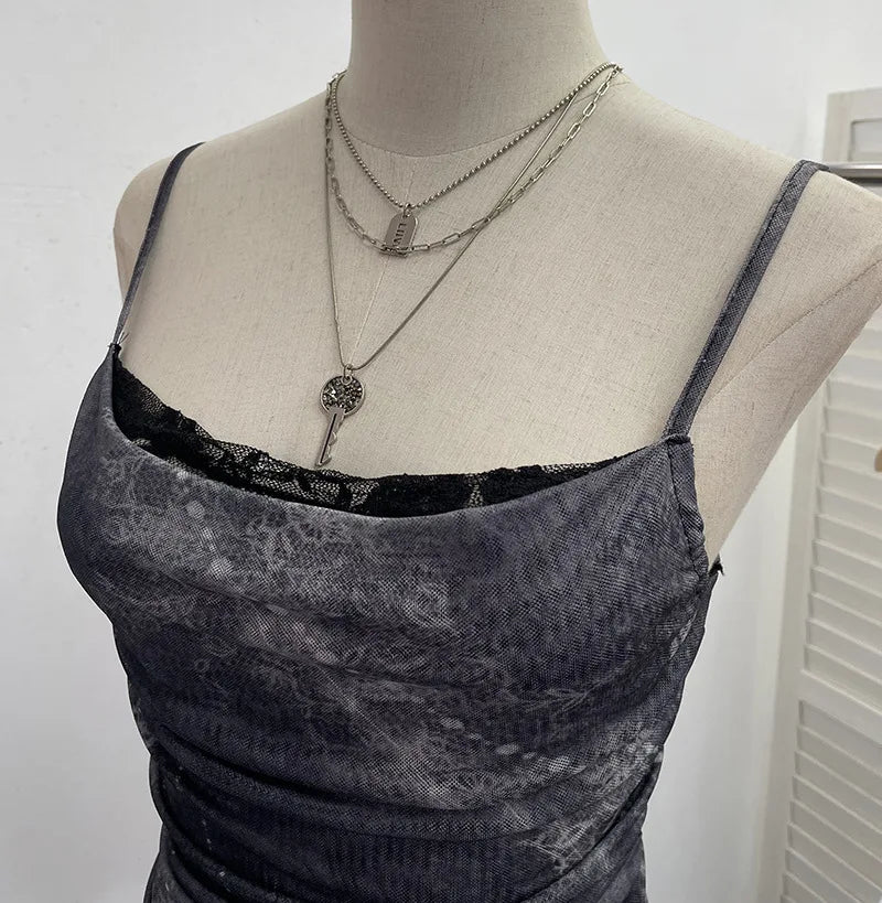 Summer Y2K Camisole for Women Casual Spaghetti Straps Double Layers Lace Stretch Mesh Patchwork Asymmetrical Slim Tops