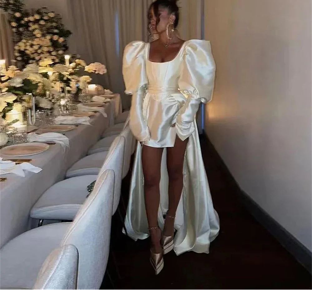 Modern High Low Wedding Party Dresses Satin Puff Long Sleeves Tamaño Vestido De Boda Court Train Bridal Dress Customized