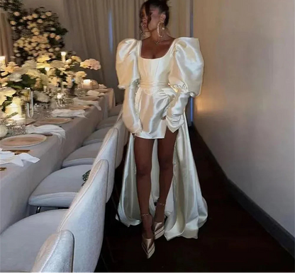 Modern High Low Wedding Party Dresses Satin Puff Long Sleeves Tamaño Vestido De Boda Court Train Bridal Dress Customized