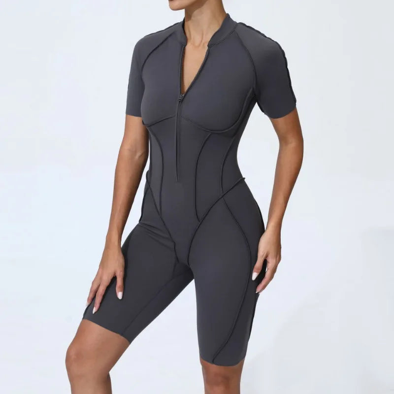Zipper Short-sleeved Yoga Sports Fitness Jumpsuits Sets Without Chest Pad Tight Bodysuits Shorts Gym Workout Clothes for Women