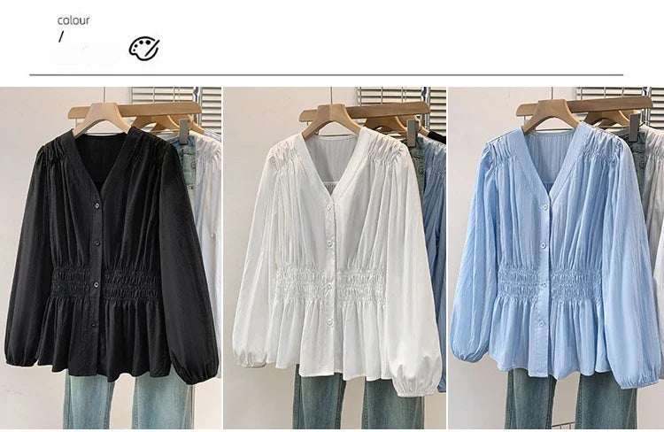 2026 V-neck Long Sleeved Plus Size Shirt Loose Pleated Ruffle Oversized Tops Ladies Chic Elegant Solid Versatile Blouse