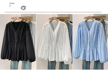 2026 V-neck Long Sleeved Plus Size Shirt Loose Pleated Ruffle Oversized Tops Ladies Chic Elegant Solid Versatile Blouse