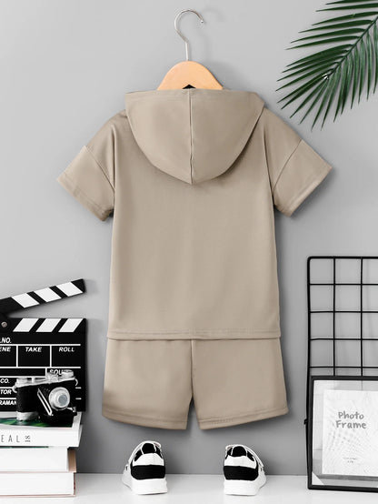 Boys Khaki Letter Print Half Zip Hooded 2Pcs Summer Set, Short Sleeve Hoodie + Shorts, Kids Casual Outfit 3-12Y