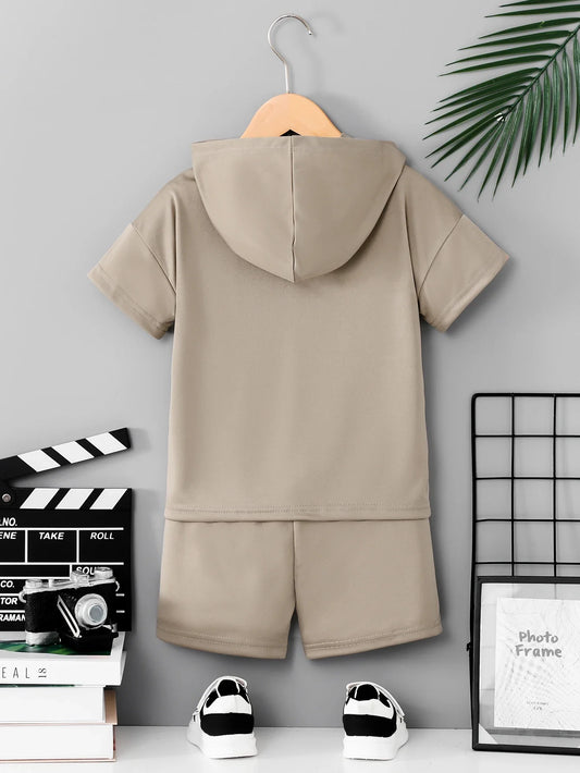 Boys Khaki Letter Print Half Zip Hooded 2Pcs Summer Set, Short Sleeve Hoodie + Shorts, Kids Casual Outfit 3-12Y