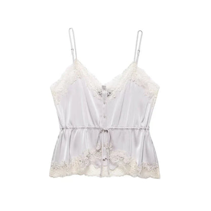 Women's Top 2026 New Spring Summer Lace Decoration Satin Textured Top for Women Chic Personality Female Spaghetti Strap Top