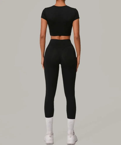 Gym Workout Yoga Fitness Sports Suit Short-sleeved Top Padded-free High-waisted Hip-lifting Trousers Outdoors Leisure Sportswear