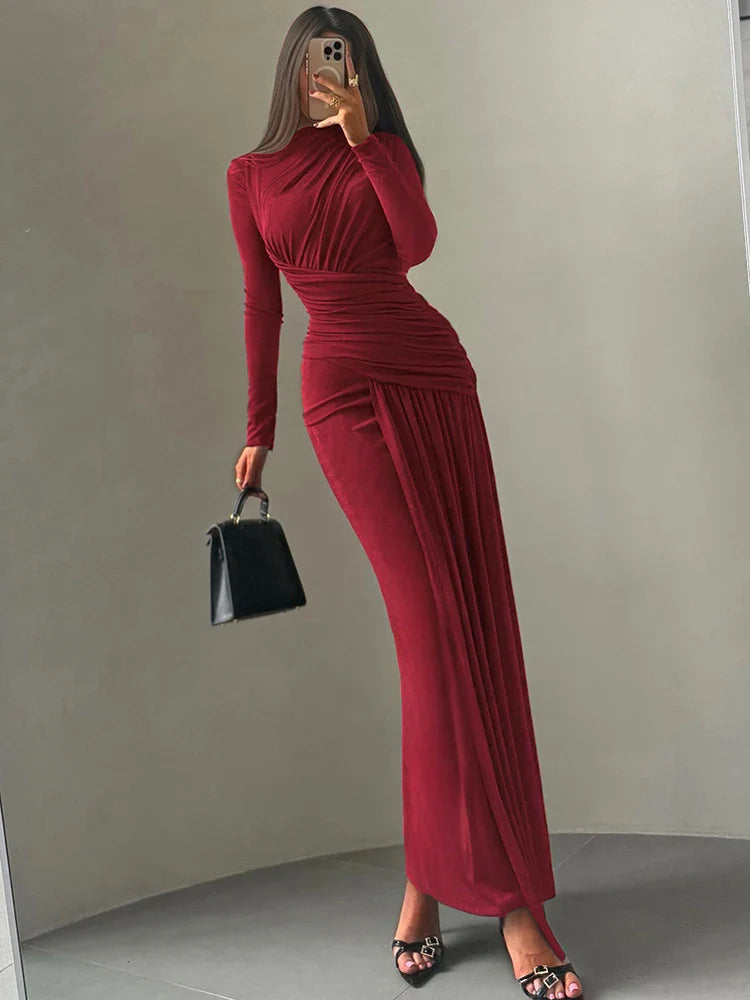 Maxi Dress Women o-Neck Full Sleeve Solid Banquet Elegant Vacation Fashion Autumn Skinny Casual Simple Vestido