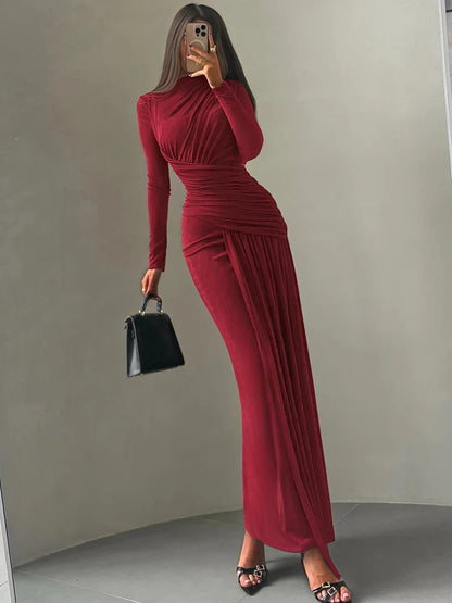 Maxi Dress Women o-Neck Full Sleeve Solid Banquet Elegant Vacation Fashion Autumn Skinny Casual Simple Vestido