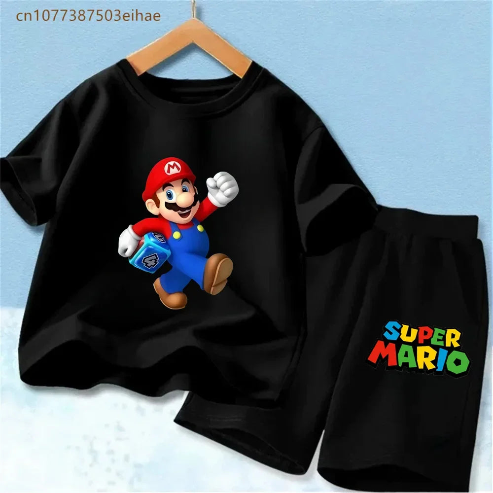 Kids Mario Graphic Short Sleeve T Shirt And Shorts Set Lightweight Summer Sport Costume Boys Girls Casual Home Outdoor Clothes