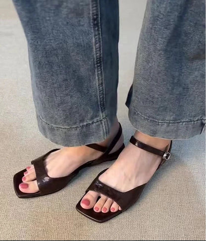 2025 Summer Women's Low Heel Sandals - Fashion Leather Material Suitable for Office Wear and Casual Outdoor Shoes Sizes 35 - 42