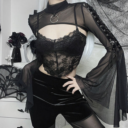 Black Mesh T-shirt Gothic Street Lace-up Punk Ring Flared Sleeves Eyelet Pullover Outer Harajuku Vintage Women Top