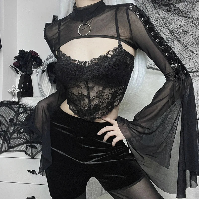 Black Mesh T-shirt Gothic Street Lace-up Punk Ring Flared Sleeves Eyelet Pullover Outer Harajuku Vintage Women Top