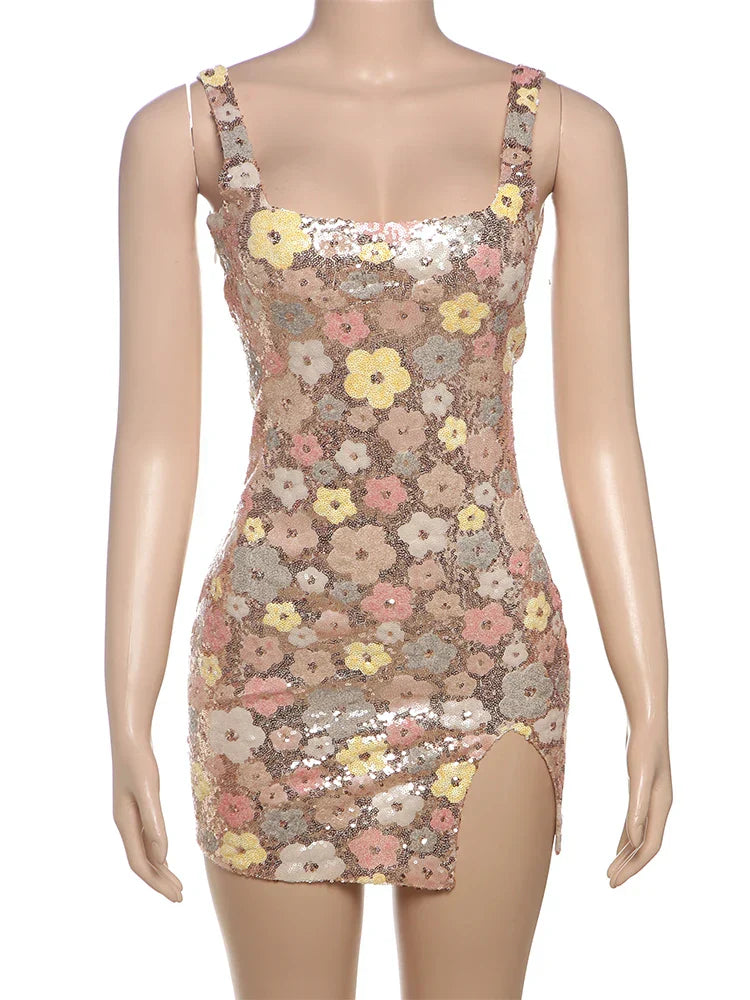 Colorful Flower Print Mini Dress Women Sequins Patchwork Skinny Backless Sleeveless Vacation Trend Elegant Outfits