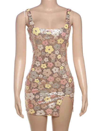 Colorful Flower Print Mini Dress Women Sequins Patchwork Skinny Backless Sleeveless Vacation Trend Elegant Outfits
