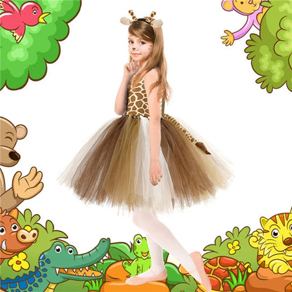 Cute Leopard Tiger Cat Giraffe Tutu Dress For Girls Halloween Animal Cosplay Costume Outfit Kids Christmas Carnival Party Dress