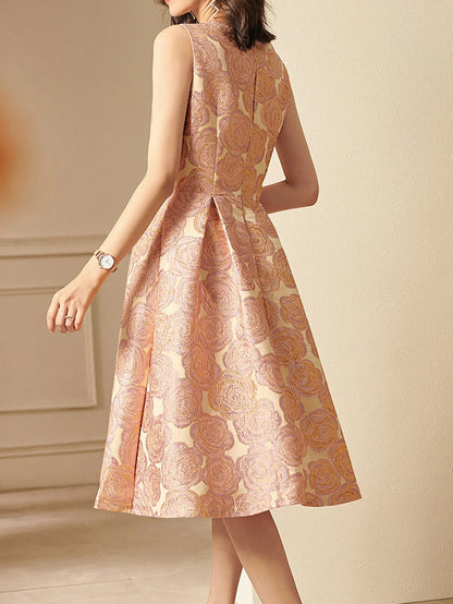 Elegant Women Sleeveless Summer Jacquard Boho Floral Vintage Ladies Party Clothes New A-Line Midi Dress Ladies Gowns
