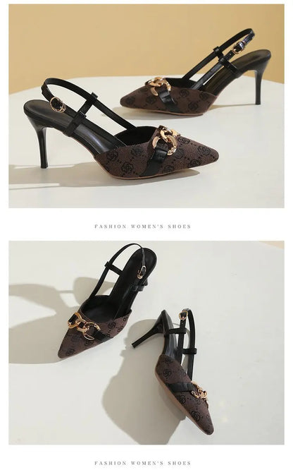 2025 Women's Fashion Baotou Sandals Spring New Pointed Head Shallow Mouth Metal Buckle Anti-slip Wear-resistant High Heels