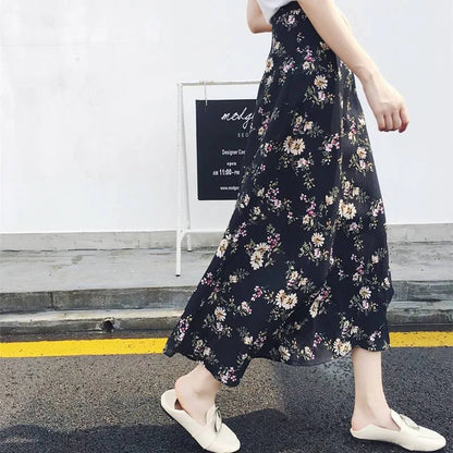 2025 New Women's One-Piece Floral Print Skirt High Waist Wrap Chiffon Beach Dress with Tie Waist Summer Vacation Boho Style