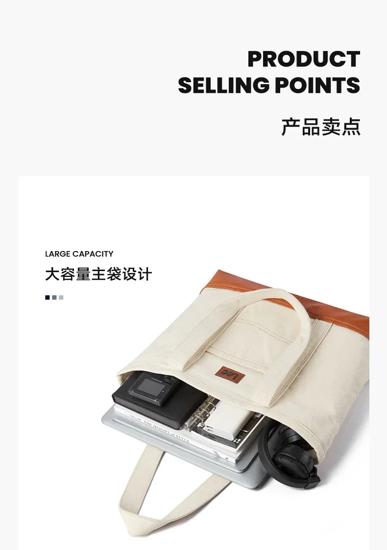 Unisex Utility Canvas Leather Zipper Tote Bag Casual Denim Daily Shopping Handbag Women Man Durable Student School Book Bag