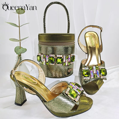Fashionable New Gold Open Toe Women's Sandals with Matching Bucket Bag Set Perfect for Weddings and Parties
