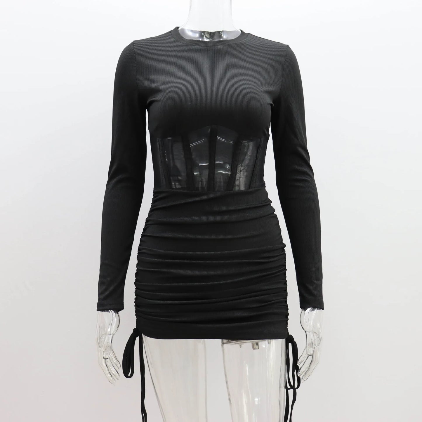 Hollow Out Bodycon Dress Women O Neck Long Sleeve Mini Vestidos Ribbed Hot Sexy Dresses Fashion High Street Wear