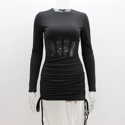 Hollow Out Bodycon Dress Women O Neck Long Sleeve Mini Vestidos Ribbed Hot Sexy Dresses Fashion High Street Wear