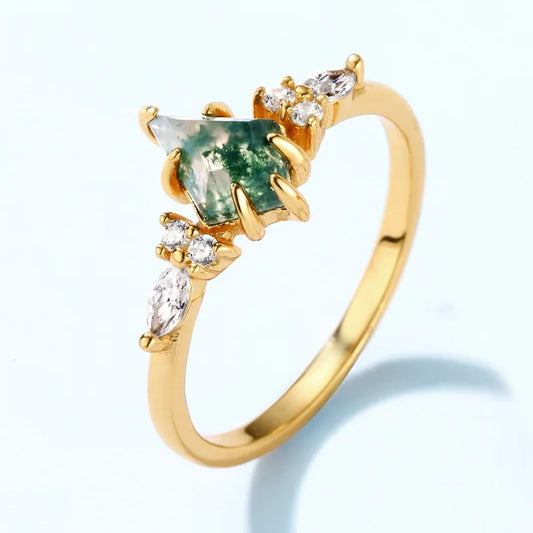 New 6*9mm Moss Agate Ring Set for Women 10k Plated Green Moss Stone Band Wedding Party 100% Real 925 Silver Fine Jewelry