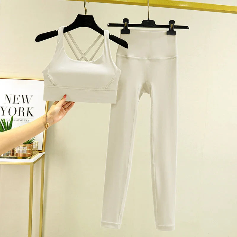 TRY TO BN Tummy Control Gym Set 2 Piece High Waisted Leggings Cross Bra Squat Proof Fitness Breathable Yoga Outfits Workout Set
