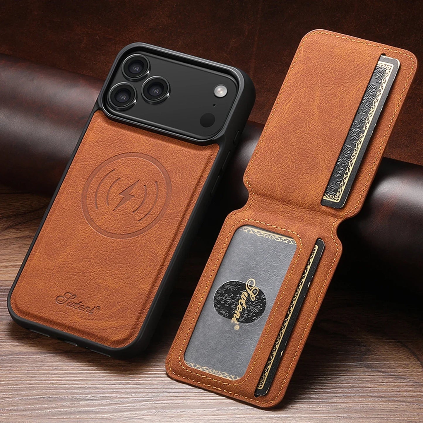 Wireless Charging Phone Case Magnet Card Holder Stand Faux Leather For iPhone 17 Pro Max 16 Plus 15 14 13 12