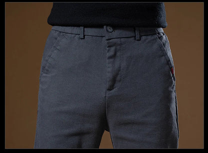 Korean Business Casual Fleece Men Pants Winter Thickened Straight Thermal Casual Pants Male Fashion Stretch Warm Velvet Trousers