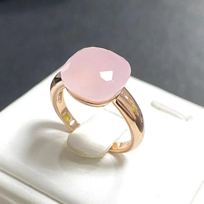 Trendy 12.6mm Flat Rose Gold Ring 35 Candy Colors Green Amethyst Turquoise Crystal Jewelry Gift for Women