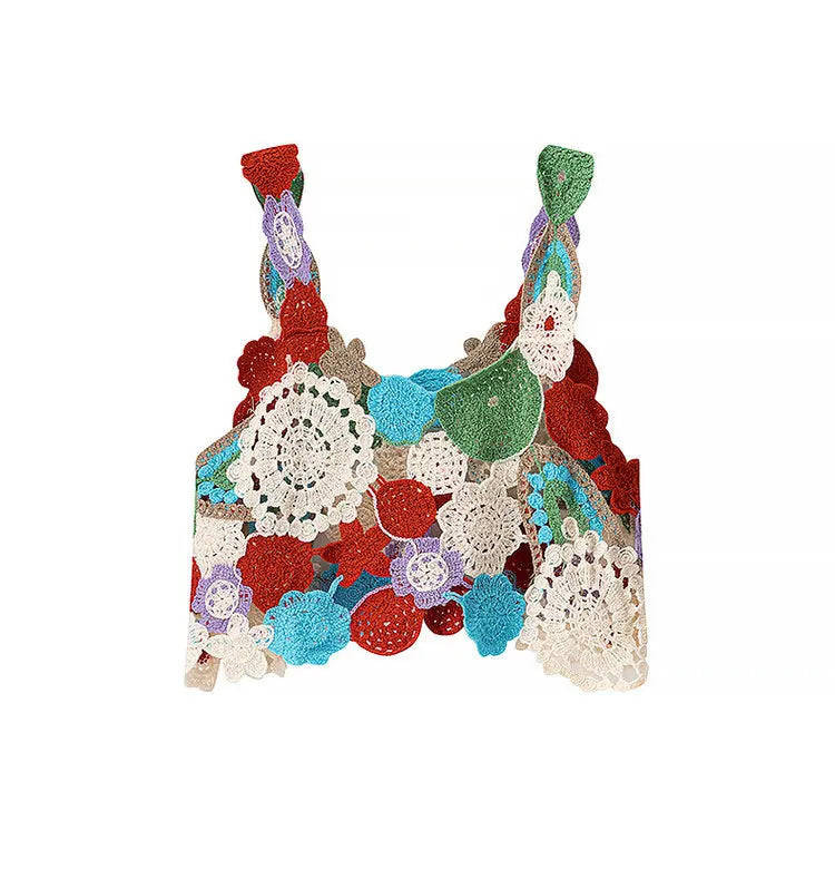 Multicolor Floral Crochet Crop Top Women's Cami Tank Sleeveless Open-work Vest Boho Chic Summer Festival Outfit