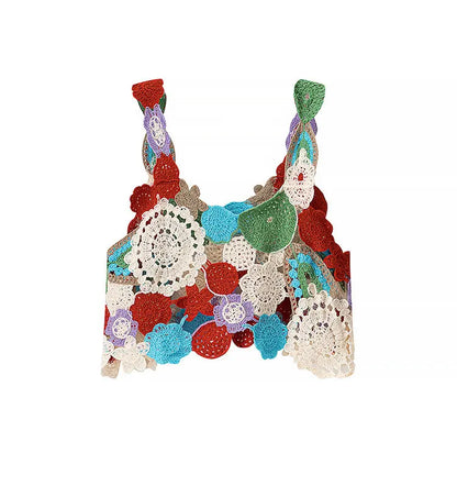 Multicolor Floral Crochet Crop Top Women's Cami Tank Sleeveless Open-work Vest Boho Chic Summer Festival Outfit
