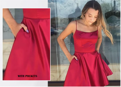 Short Homecoming Dresses for Teens With Pockets Spaghetti Straps Satin Prom Dress for Women A-line Knee Length Party Dress
