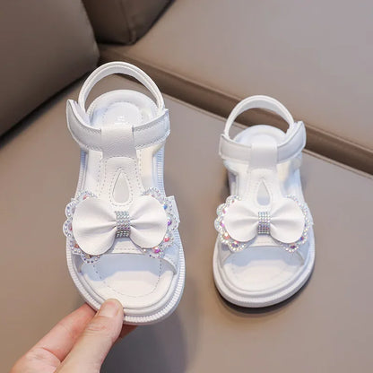 Girl Sandal Kid Summer Elegant Bling Rhinestone Party Princess Beach Shoes Cute Bowknot School Shoes for Kids Flat Heel F05201